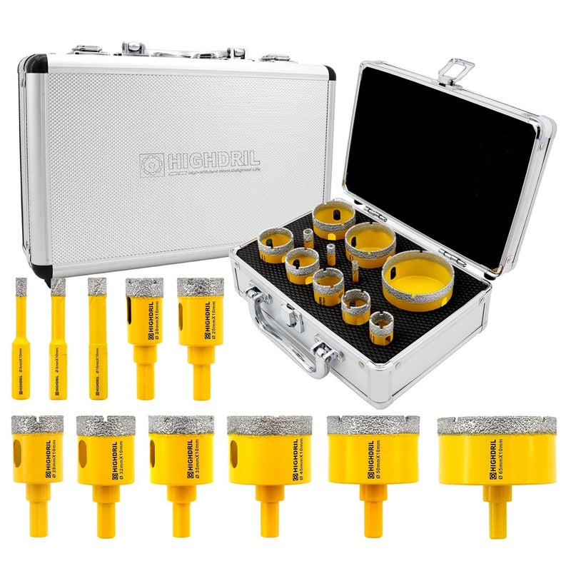 HIGHDRIL 11Pcs Diamond Hole Saw Kit - 1/4", 5/16", 3/8", 4/5", 1", 1-1/8", 1-1/4", 1-3/8", 1-3/4", 2", 2-1/2" Drill Bits for Tile Porcelain Ceramic Granite Marble - Image 1